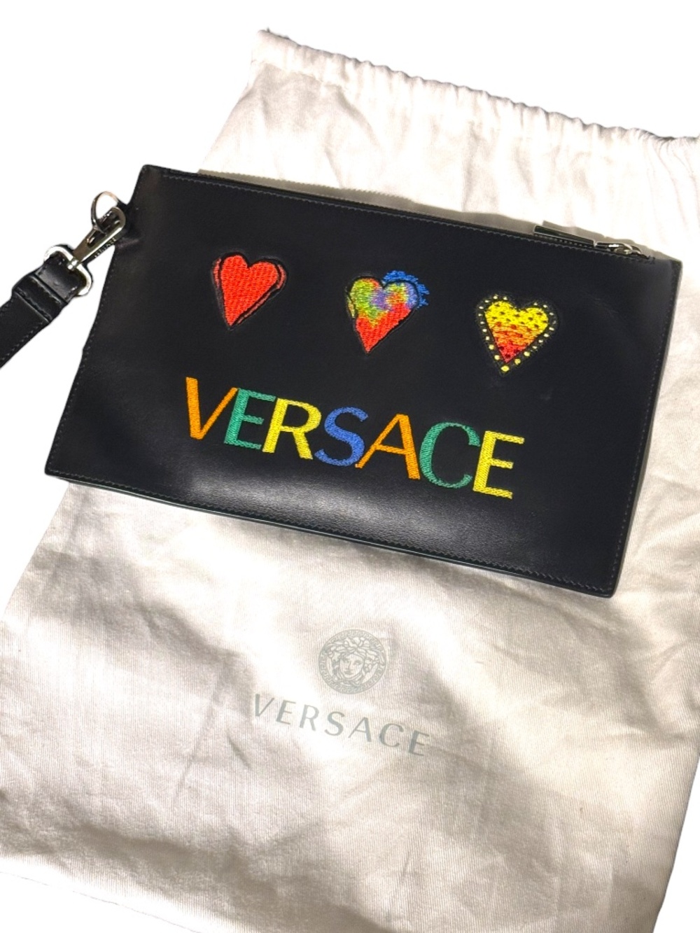 Versace Rainbow Pouch Wristlet Black Leather Embroidered Heart Logo - NWOT